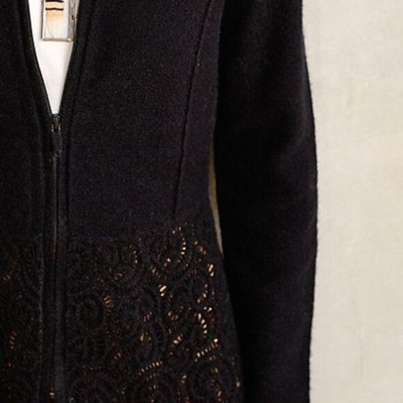 Anthropologie Marion Lace Hem Cardigan Wool Sweater Jacket Black Zip Front - Picture 3 of 7